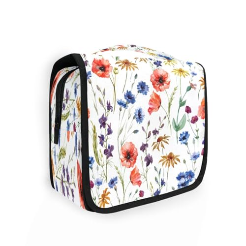 DEHOZO Kulturbeutel zum Aufhängen, Wildblumen, Pflanzen, Mohnblumen, Gänseblümchen, Aquarellblätter, Palmen, Baum, tragbare Make-up-Tasche, Reise-Organizer für Damen und Herren, faltbare von DEHOZO