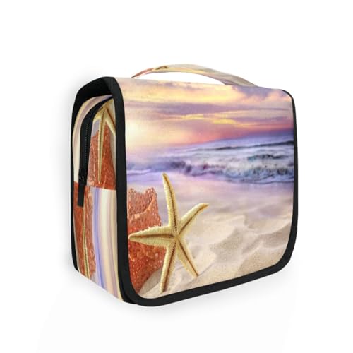 DEHOZO Kulturbeutel zum Aufhängen, tropischer Strand, Seestern, Sonnenuntergang, Aquarellblätter, Palmen, Baum, tragbare Make-up-Tasche, Reise-Organizer für Damen und Herren, faltbare Kosmetiktasche, von DEHOZO