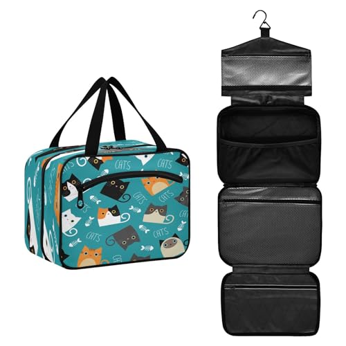 DEHOZO Niedliche Katze, Kätzchen, Fisch, Reise-Kulturbeutel, hängende Make-up-Tasche, Organizer für Damen und Herren, tragbare Kosmetiktasche, Waschbeutel für Reiseutensilien, Kosmetikartikel, Pinsel, von DEHOZO