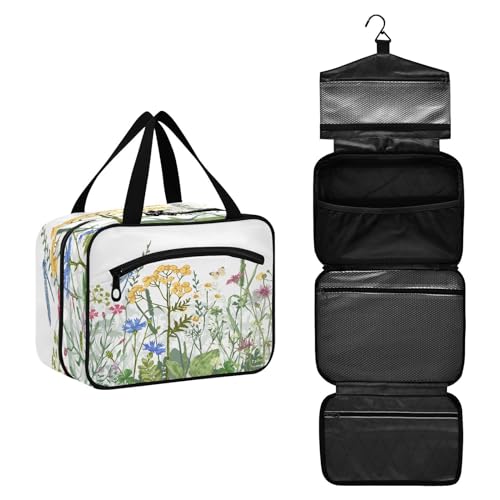 DEHOZO Reise-Kulturbeutel, Motiv: Blumen, Libelle, Kräuter, Schmetterling, hängende Make-up-Tasche, Organizer für Damen und Herren, tragbare Kosmetiktasche, Waschbeutel für Reiseutensilien, von DEHOZO