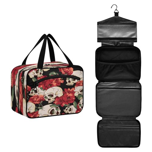 DEHOZO Reise-Kulturbeutel, Motiv: Blumen, Zuckerschädel, hängende Make-up-Tasche, Organizer für Damen und Herren, tragbare Kosmetiktasche, Waschbeutel für Reiseutensilien, Kosmetikartikel, Pinsel, von DEHOZO