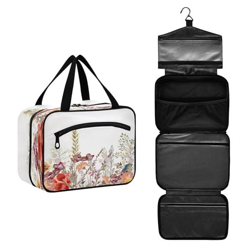 DEHOZO Reise-Kulturbeutel mit Aquarellblumenkräutern, hängende Make-up-Tasche, Organizer für Damen und Herren, tragbare Kosmetiktasche, Waschbeutel für Reiseutensilien, Kosmetikartikel, Pinsel, von DEHOZO