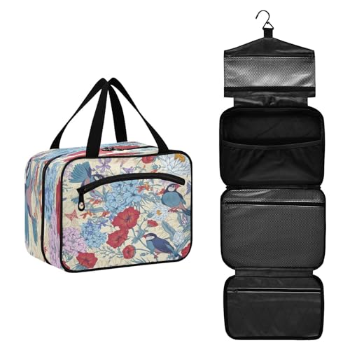 DEHOZO Retro Birds Floral Butterfly Travel Toiletry Bag, Hanging Makeup Bag Organizer for Women Men, Portable Cosmetic Bag Wash Bags for Travel Essentials Toiletries Cosmetics Brushes Shampoo, M, von DEHOZO