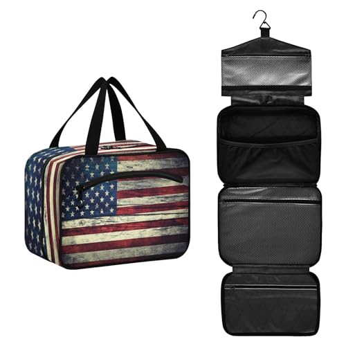 DEHOZO Retro USA Amerikanische Flagge Reise-Kulturbeutel, hängende Make-up-Tasche Organizer für Damen und Herren, tragbare Kosmetiktasche, Waschbeutel für Reiseutensilien, Toilettenartikel, Kosmetik, von DEHOZO