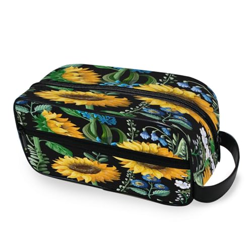 DEHOZO Tragbare Make-up-Tasche, blau-gelbe Sonnenblumen-Blumen, kleine Reise-Kosmetiktasche, Kulturbeutel für Damen und Herren, Make-up-Organizer-Tasche, Badezimmer-Make-up-Tasche für Reiseutensilien, von DEHOZO