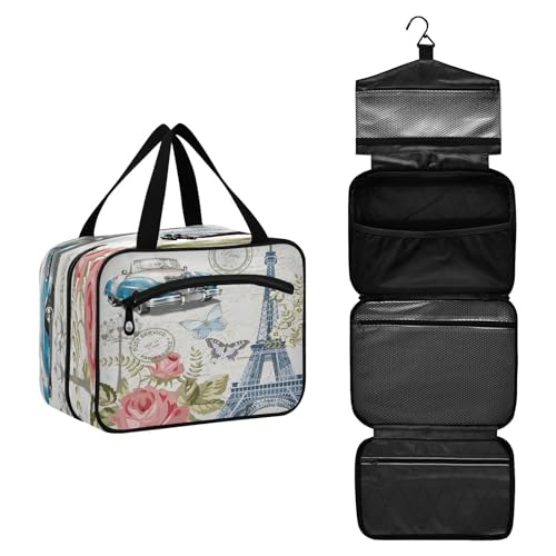 DEHOZO Vintage Car Flower Paris Reise-Kulturbeutel, hängende Make-up-Tasche Organizer für Damen und Herren, tragbare Kosmetiktasche, Waschbeutel für Reiseutensilien, Toilettenartikel, Kosmetikpinsel, von DEHOZO