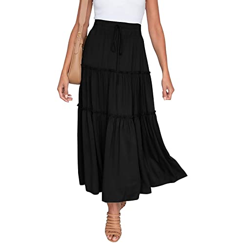DELIMALI Damen Sommer Bohomian Elastische Hohe Taille Boho Maxi Rock Casual Kordelzug 3 Ebenen Rüschen A Linie Lange Röcke, A-schwarz, 48 DELIMALI Damen Sommer Bohomian Elastische Hohe Taille Boho Maxi Rock Casual Kordelzug 3 Ebenen Rüschen A Linie Lange Röcke, A-schwarz, 48 von DELIMALI