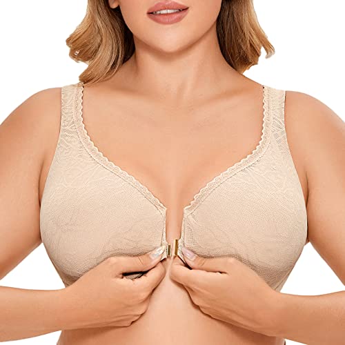 DELIMIRA Damen BH mit Vorderverschluss Nahtlose Bügel Vollschalen ohne Polster Spitze Beige 85D von DELIMIRA