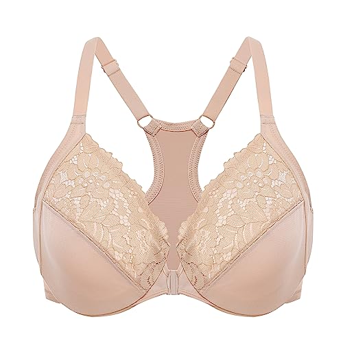 DELIMIRA Damen Vorderverschluss Spitzen BH Racerback Grosse Grössen Ungefüttert BHS mit Bügel Vollschalen Tiefer Ausschnitt Beige 105C von DELIMIRA