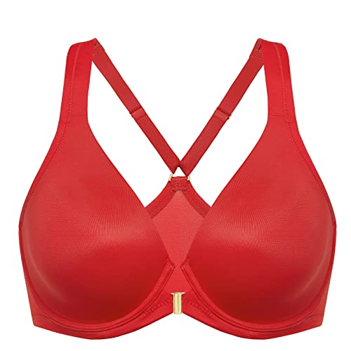 DELIMIRA Damen Vorderverschluss Racerback BH Grosse Grössen Bügel BHS Tiefer Ausschnitt Ungefüttert Vollschalen Lippenstift Rot 90F von DELIMIRA