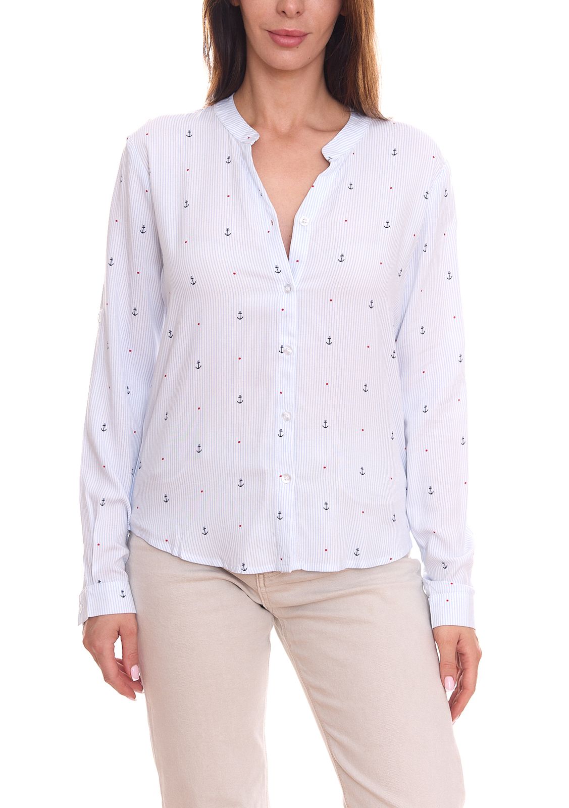 DELMAO Damen Hemd-Bluse mit Allover-Muster modische Langarm-Bluse 42045805 Hellblau von DELMAO