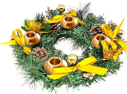 Weihnachts-Adventskranz mit Goldband-Akzenten und Goldring-Kerzenhalter, tolle traditionelle Feiertagsdekoration/54 von DELURA