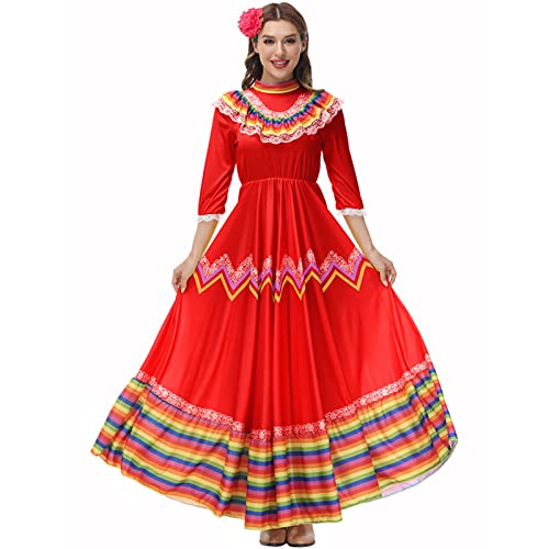 DENCTORAM Mexikanisches traditionelles Kleid Folklorico Tanzkleider Cinco De Mayo Kostüme Senorita Kleid für Damen, Rot/Ausflug, einfarbig (Getaway Solids), X-Groß von DENCTORAM