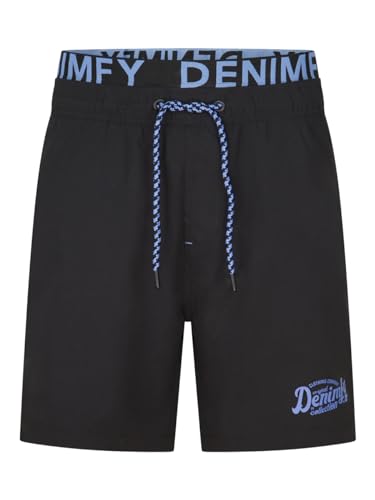 DENIMFY Badehose Herren Lang Badeshorts Doppelter Bund DFNeo Kurze Hosen Schwimmhose Shorts Print, Größe:S, Farben:Black-Maya Blue von DENIMFY