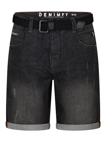 DENIMFY Jeans Shorts Herren Stretch Kurz mit Gürtel Regular Fit DFBo Kurze Hosen Sommer Denim Einfarbig, Größe:32, Farben:Black Denim (B132) von DENIMFY