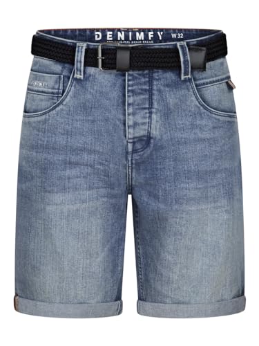 DENIMFY Jeans Shorts Herren Stretch Kurz mit Gürtel Regular Fit DFBo Kurze Hosen Sommer Denim Einfarbig, Größe:32, Farben:Middle Blue Denim (M265) von DENIMFY