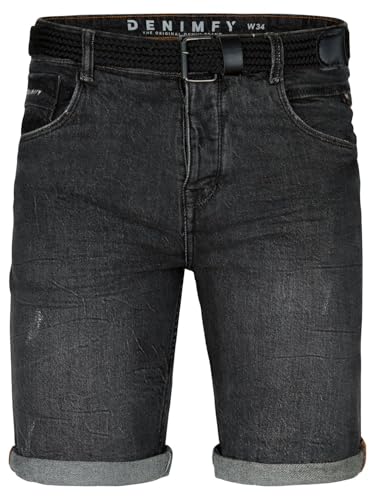 DENIMFY Jeans Shorts Herren Stretch Kurz mit Gürtel Regular Fit DFBo Kurze Hosen Sommer Denim Einfarbig, Größe:34, Farben:Black Denim (B132) von DENIMFY