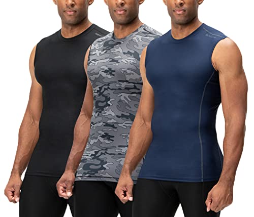 DEVOPS 3er-Pack Herren Athletic Kompressionsshirts ärmellos, 1# (3er-Pack) Schwarz / Camo Schwarz / Marineblau, L von DEVOPS