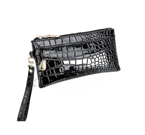 DFJOENVLDKHFE Damen-Handgelenk-Clutch, kleine Damen-Clutch mit mehreren Taschen, Damen-Geldbörse aus Krokodilleder, Portemonnaie-Handgelenktasche(Color:Black) von DFJOENVLDKHFE