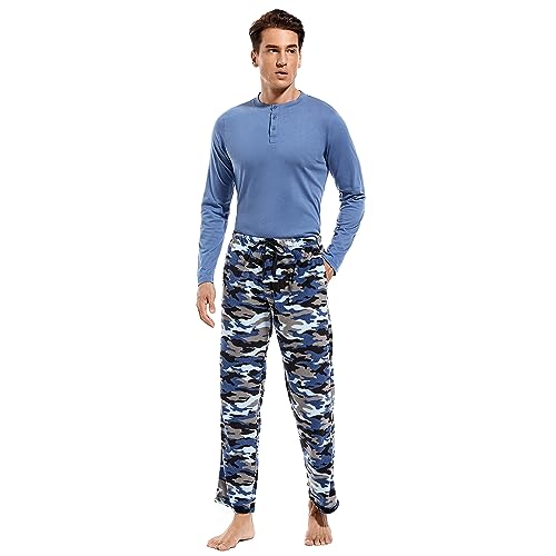 DG Hill Herren-Pyjama-Set, Flanell-Pyjamahose, Baumwoll-Top-Shirt, Fleece-Schlafanzug, Nachtwäsche, Herren-Pyjama-Sets, blau camouflage, Large von DG Hill