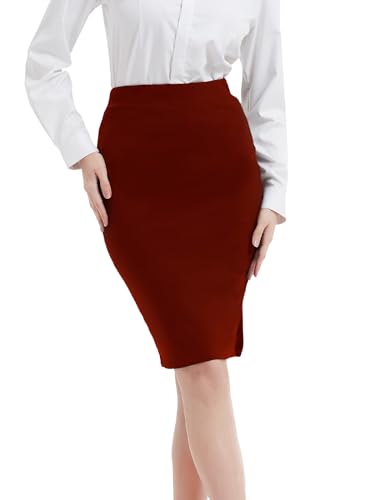 DGSHIRLDJO Damen Midi Bleistiftrock Schlanker kurzer Rock Business Lässiger Rock für Damen Hohe Taille Stretch Midirock mit Schlitz (DE/NL/SE/PL, Alphanumerisch, L, Regular, Regular, Rot) von DGSHIRLDJO