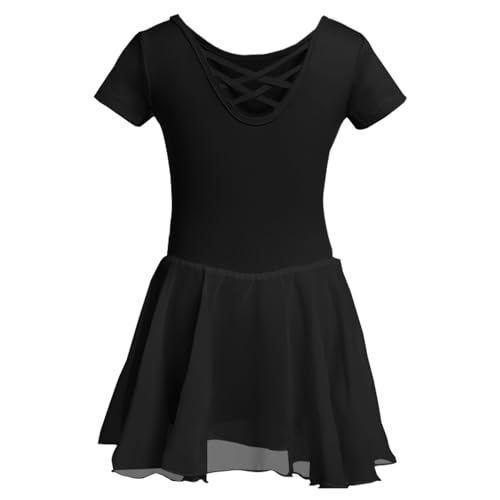 DGSHIRLDJO Kinder Ballettkleidung Mädchen Kurzarm Baumwolle Ballettkleid Balletttrikot Tanzkleid Tanzbody mit Chiffon Rock Tütü (DE/NL/SE/PL, Numerisch, 120, Regular, schwarz) von DGSHIRLDJO