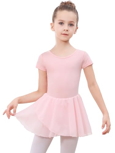 DGSHIRLDJO Kinder Ballettkleidung Mädchen Kurzarm Baumwolle Ballettkleid Balletttrikot Tanzkleid Tanzbody mit Chiffon Rock Tütü (DE/NL/SE/PL, Numerisch, 130, Regular, rosa) von DGSHIRLDJO