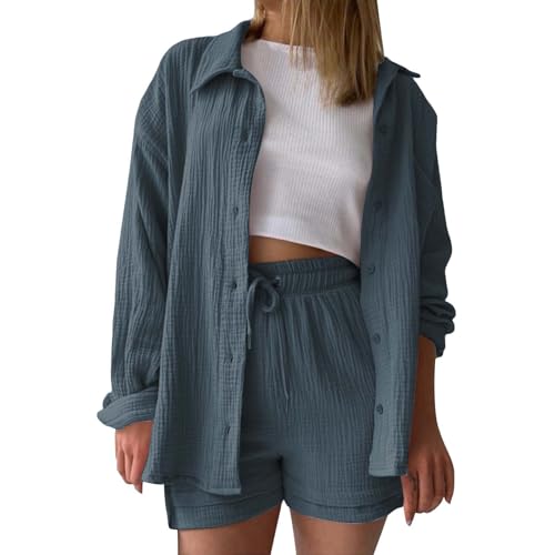 DGZTWLL Damen-Set mit Langarmhemden und Shorts 2-teilig Sommer lässige Mode lockere Passform weiche Streetwear für den Alltag Damen-Musselin-Bluse Hose DGZTWLL Damen-Set mit Langarmhemden und Shorts 2-teilig Sommer lässige Mode lockere Passform weiche Streetwear für den Alltag Damen-Musselin-Bluse Hose von DGZTWLL