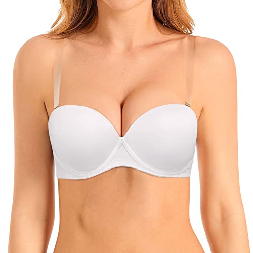 Damen Dick Gepolstert Trägerloser Push Up BH Lift und Support Convertible BHs mit transparenten Trägern, Weiß, 90A von DHX