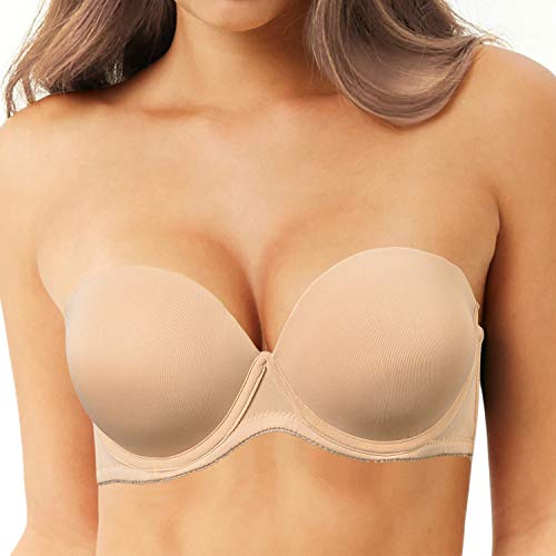 Damen Dick Gepolstert Trägerloser Push Up BH Lift und Support Convertible BHs mit transparenten Trägern, beige, 75B von DHX