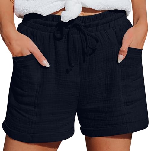 DHYUEN Caprihose Damen Sommer Kurze Sweat Shorts Angebote des Tages Heute Dages Heute Herren Sommerhose Einfarbig Strand Shorts Bauchweg Unterhose Leinen Damen Schwimmshorts Sommer Shorts（3-Navy，M） von DHYUEN