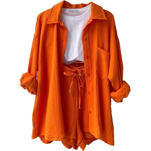 DHYUEN Gestreifte Bluse Damen Musselin Sommershirt Set Damen Sommer Outfit Musselinbluse Einfrabige Sommerblusen Hawaiishirt Hosenanzug Damen Festlich Elegant Trachtenblusen Clothes(1-Saffron,XXL) von DHYUEN