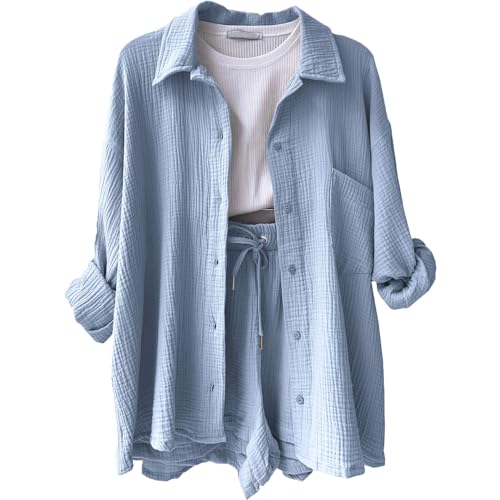 DHYUEN Musselin Bluse Damen Oversized Einfrabige Sommershirt Set Sommer Zweiteiler Damen Outfit Oversize Leinen Shorts Blusenshirt Hochzeitsgast Outfit Damen Outfits Spitzenbluse(2-Light Blue,XL) von DHYUEN