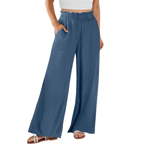 Lederhose Damen Elastische Hohe Taille Arbeitshose Leichte Sommerhose, Damen Yogahose Fashion Chino Hose Plissee Hose Viskose Hose Damen Sommer Leicht Lounge Hose Leinen Hose（Dunkelblau，XXL） von DHYUEN