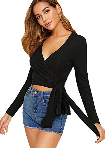 DIDK Damen Crop Shirt Wickel Tops Langarm Oberteil Strick Langarmshirts Wickelshirts mit Band V Ausschnitt Casual Pullover Schwarz L von DIDK