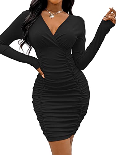 DIDK Damen Figurbetont Kleid Bodycon Wickelkleid Tiefer V Ausschnitt Partykleid Bleistiftkleid Langarm Freizeitkleid Schwarz M von DIDK