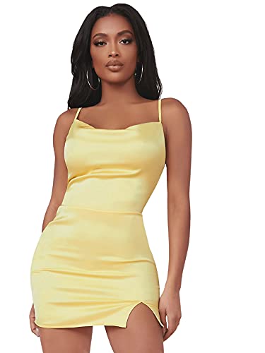 DIDK Damen Minikleid Bodycon Partykleid mit Schlitz Satin Figurbetontes Kleid Bleistift Sxy Kleider Spaghettiträger Sommerkleid Gelb M von DIDK