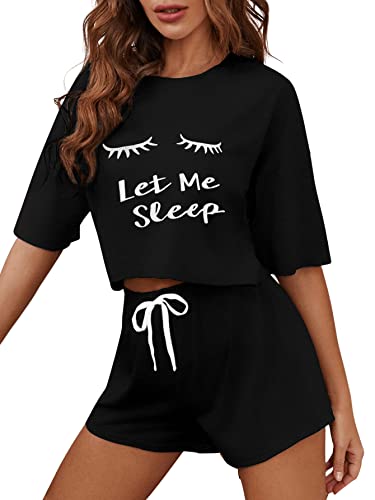 DIDK Damen Pyjama Set Drop Shoulder Kurzarmshirt und Shorts Zweiteile Schlafanzug Set Sommer Sleepwear Hausanzug Sets mit Buchstaben Einfarbig-Schwarz M von DIDK