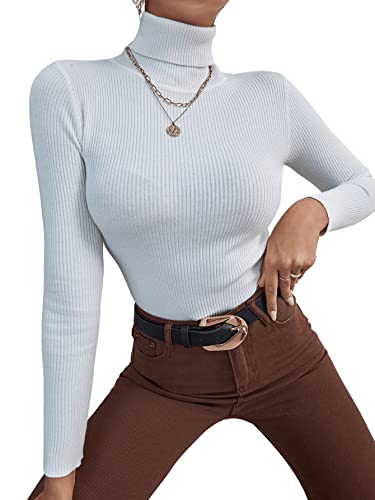 DIDK Damen Rollkragenpullover Slim Fit Pulli Langarm Oberteile Shirts Basic Langarmshirt Schmal Pulli Casual Strickpullover Weiß M von DIDK