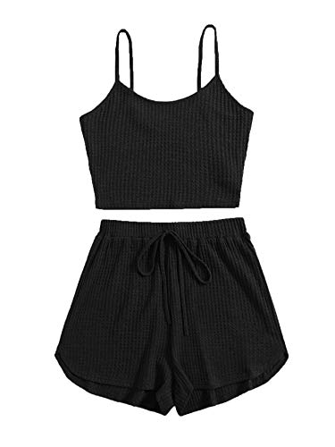 DIDK Damen Shorts und Top Sets 2 Piece Spaghettiträger Bauchfrei Tops Camisole Kurze Hose mit Knoten Hauseanzug Kombi 2-Teiler Home Set Schwarz XS von DIDK