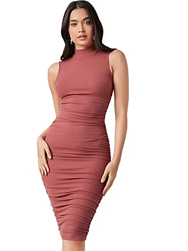 DIDK Damen Stehkragen Midikleid Ärmellos Kleider Bodycon Figurbetont Kleid Knielang Bleistiftkleid Rostige Rose S von DIDK