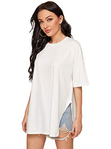 DIDK Damen T-Shirts Übergröße Longshirt Kurzarmshirt Rundahls Shirts Oberteile mit Schlitz Einfarbig Langshirts Top Casual Tunika Weiß XS von DIDK