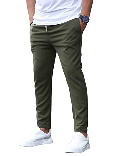 DIDK Herren Chinohose Elastischer Bund Lange Hosen Chino Casual Karottenschnitt Hose mit Taschen und Tunnelzug Armeegrün L von DIDK