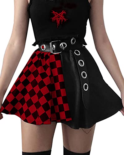 DINGJIUYAN Punk Cross Print Dunkel Mini Röcke Kette Gürtel Schwarz Uniform Faltenrock, Gürtel mit Rot, 36 von DINGJIUYAN