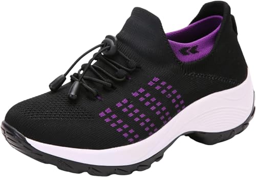 Damen-Sneakers Bequeme Orthopädische Schuhe Damen Slip-On Wanderschuhe aus atmungsaktivem Mesh Sommer Turnschuhe für Damen Bequeme Trainingsschuhe, Schwarz Violett, 37 EU von DINNIWIKL