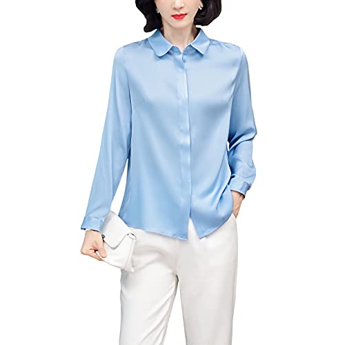 DISSA Damen Blau Hemdbluse Seide Solide Button Down Hemden Damenbluse Langarm Revers Seidenbluse,3XL,S3369 DISSA Damen Blau Hemdbluse Seide Solide Button Down Hemden Damenbluse Langarm Revers Seidenbluse,3XL,S3369 von DISSA