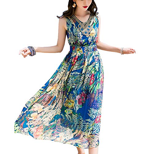 DISSA Damen Blau Seiden Kleid Ohne Arm V-Ausschnitt Blumen 100% Seiden Langes Seiden Kleid,D8009,L von DISSA
