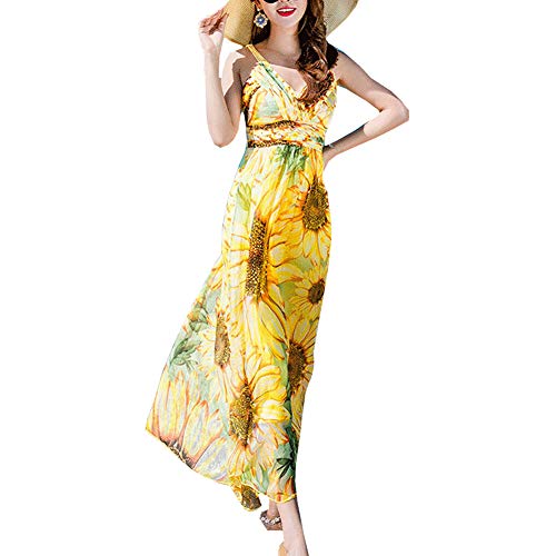 DISSA Damen Gelb Seiden Kleid Ohne Arm Trägerlos Blumen 100% Seiden Langes Seiden Kleid,D8015,L von DISSA