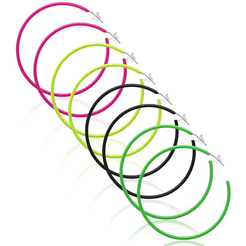 4 Paar Neon Ohrringe Damen Große Helle Creolen 70er 80er 90er Jahre Party Retro Rund Ohrringe Mädchen Ohrringe Neon Hoop Earrings Schmuckzubehör für 80er Jahre Party Outfits von DIVINA VITAE