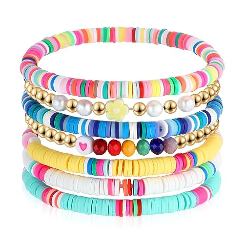 7 Stück Perlenarmband Damen Bracelet Set Buntes Perlen Stretch Armband Bead Armband Stapelbare Boho Armbänder aus Ton Wunderschöner Sommer Strand Perlen Set Schmuck für Frauen und Mädchen von DIVINA VITAE